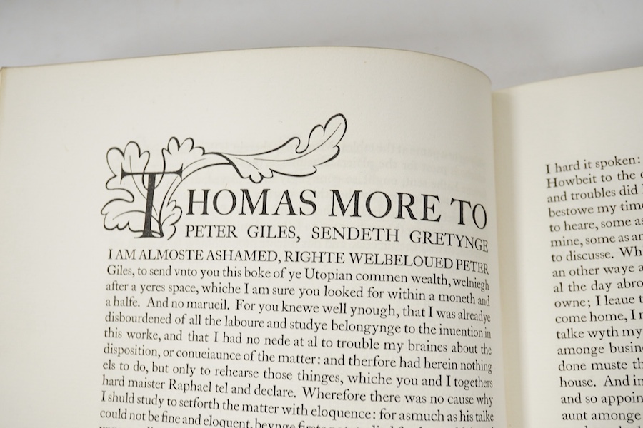 Golden Cockerel Press, Waltham Saint Lawrence, Berkshire - More, Thomas - Utopia, one of 500, floriated initials and title page by Eric Gill, 4to, green cloth gilt, spine and upper front board sunned, 1929, in solander c
